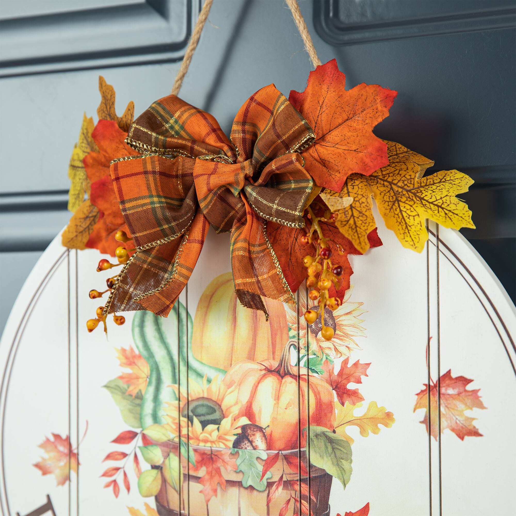 Glitzhome® 15" Fall Wood Round Word Sign Door Hanger